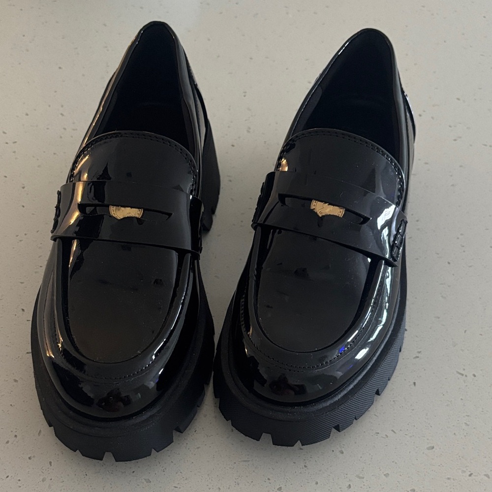 NWT Zara Glossy Black Loafers with Gold Accent